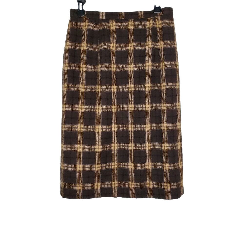 VTG Y2K Briggs Petites Womens Brown Plaid Midi Skirt Lined Wool Blend SZ 12P